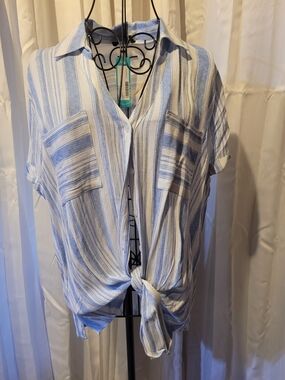 Striped Light Blue & White Tie-Front Button Blouse